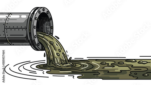 Large industrial pipe discharging dark, polluted water into a natural body, symbolizing environmental pollution and water contamination.