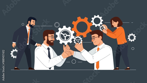 Teamwork and Collaboration: Business People Working Together with Gears
