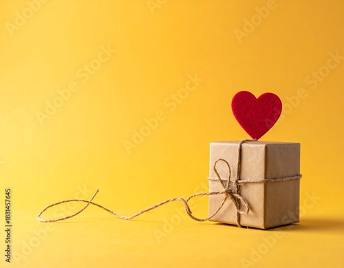 A small, wrapped package with a red heart on top, tied with twine, sits against a vibrant yellow backdrop