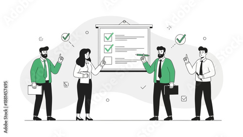 Teamwork and Planning: Business Meeting with Checklist on Whiteboard