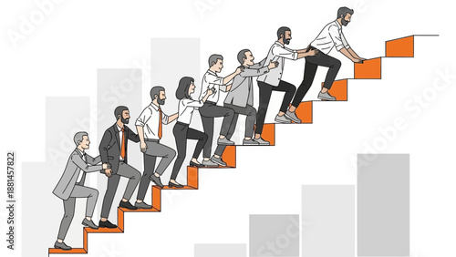 Teamwork climbing stairs, business growth concept, people helping each other