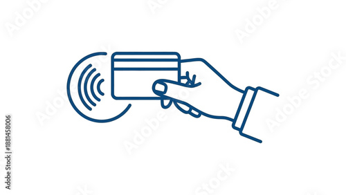 A hand holding a credit card for contactless payment with wireless waves.