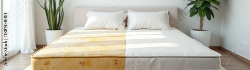 Minimalist bed left side visibly dirty right side bright white and freshly cleaned
