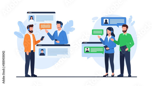 Customer service team communication, online chat support, business consultation vector illustration