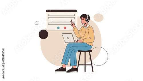 Customer Support Agent with Headset Working on Laptop, Online Communication Concept