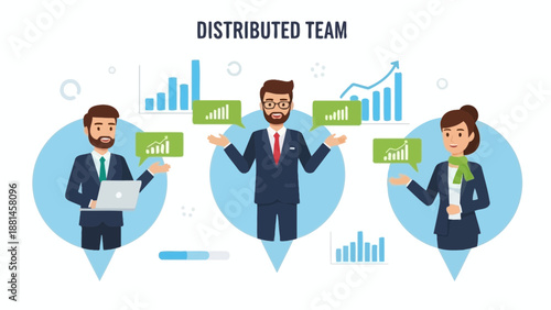 Distributed Team Working Remotely, Business Growth Charts, Collaboration Concept