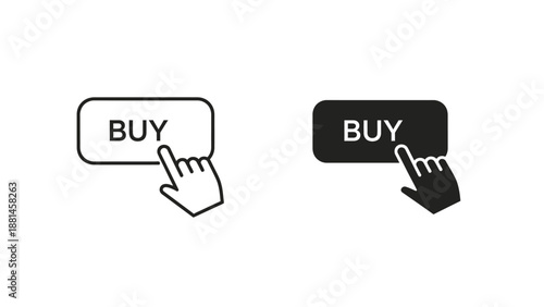A finger clicks on two different 'Buy' buttons, one outlined and one solid black.