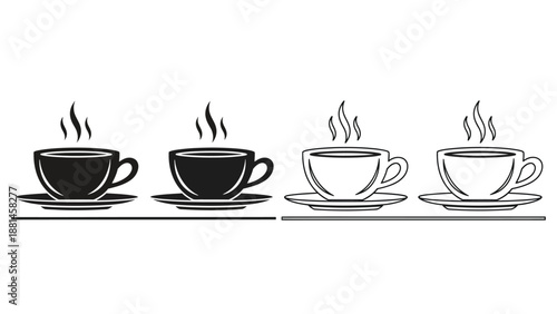 Four cups of steaming coffee sit on saucers against a white background.
