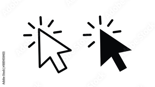 Two cursor icons are shown, one black and one white, with radiating lines.