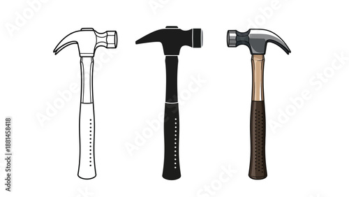 Three distinct hammers are displayed on a white background.