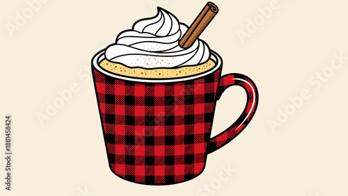Festive Mug of Spiced Beverage with Cream and Cinnamon Stick - Illustration
