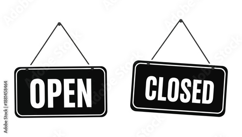 Two signs, one reading OPEN and the other CLOSED, hang side-by-side against a white background.