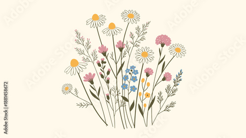 Wildflower Bouquet Illustration: Daisies, Pinks, and Forget-Me-Nots