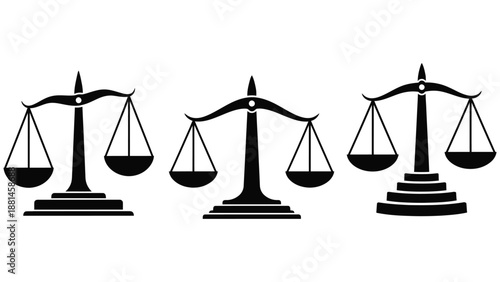 Three black scales of justice are depicted against a white background.