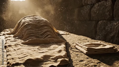 Empty tomb of Jesus Christ with burial shroud and linen cloths. Resurrection of Christ, Easter concept.