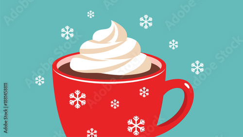 Festive Hot Chocolate with Whipped Cream and Snowflakes Illustration