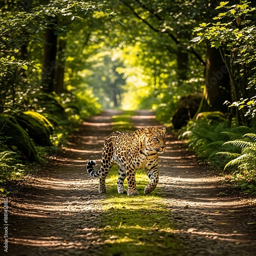 Majestic feline predator walks along a sun-dappled woodland path