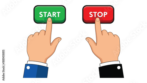 Two hands reaching to press the start and stop buttons on a white background.