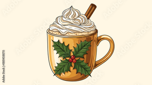 Festive Holiday Drink: Mug with Cream, Cinnamon & Holly