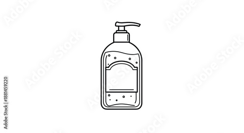 Minimalist black outline of a liquid soap dispenser bottle with a pump lid and blank label for hygiene product design.