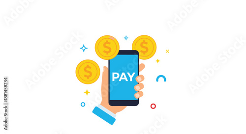 Human hand holding a smartphone showing a pay button surrounded by gold dollar coins to represent mobile banking payments.