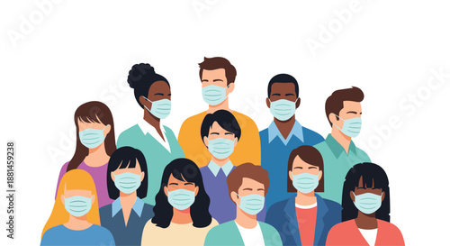 Flat vector illustration showing a diverse group of people wearing protective face masks to prevent the spread of illness.