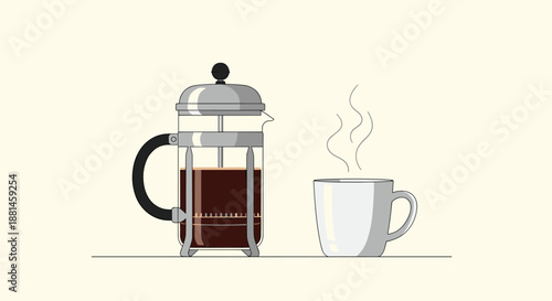 Classic french press filled with dark coffee next to a steaming white ceramic mug on a light beige background illustration.
