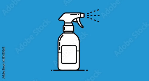 White spray bottle icon with liquid mist on a solid blue background represents cleaning disinfecting and sanitation tools.