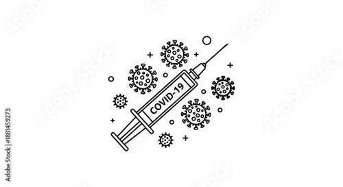 Syringe labeled covid-19 surrounded by virus cell icons and medical sparkles on a white background for vaccination themes.