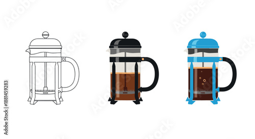 Three different styles of a french press coffee maker including a line drawing and colored versions with dark brown liquid.