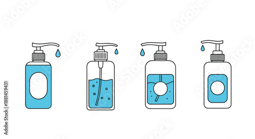 Set of four different liquid soap or sanitizer pump bottles with blue liquid representing various hygiene product options.