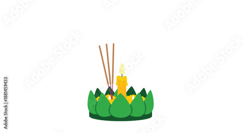 Traditional floating krathong with a candle incense and flowers for the thai festival of loy krathong on a white background.
