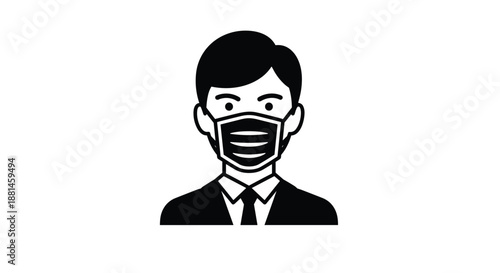 Professional man wearing a formal suit and a black protective face mask for safety and health precautions in a business environment.