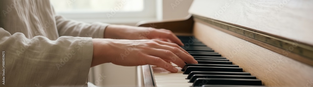 Obraz premium Someone is playing a piano with their hands on the keys