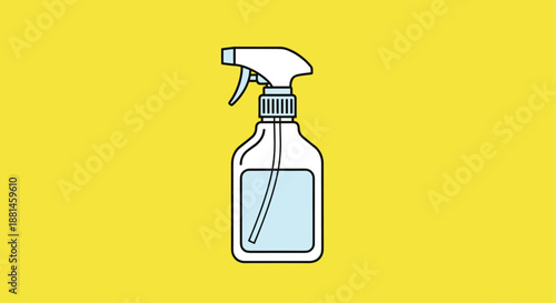 Spray bottle with blue liquid on a bright yellow background depicts household cleaning products and sanitization tools in a flat style.