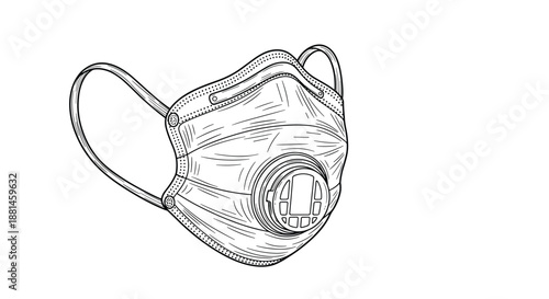 Detailed black and white sketch of an n95 respirator mask with a valve for respiratory protection and health safety in dusty areas.