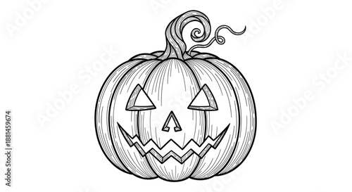 Jack o lantern pumpkin with a carved face and a curly stem depicted in a detailed black and white engraving style for halloween art.