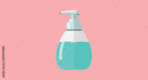 Turquoise liquid soap in a white pump bottle on a soft pink background provides a clean and modern look for personal hygiene products.