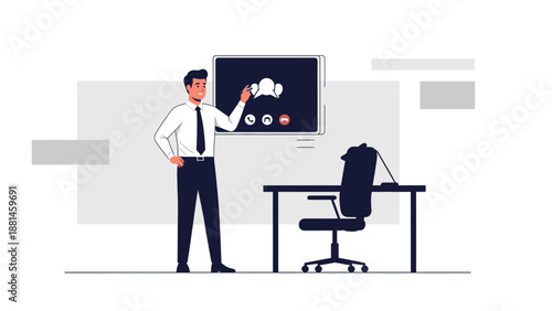 Man with virtual meeting on screen in modern office, business communication concept