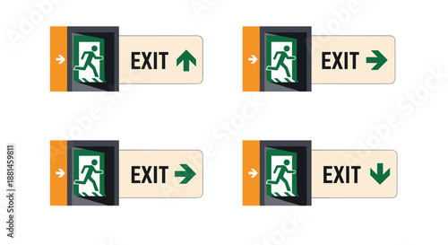 Set of four different emergency exit signs showing a running person icon and directional arrows for building safety.