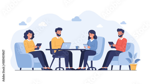 Diverse team collaborating in a modern office meeting with laptops and tablets