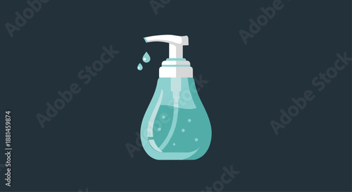 Flat vector illustration of a blue pump bottle filled with hand sanitizer liquid with droplets on a dark background.