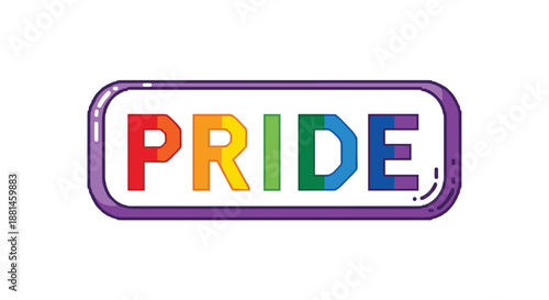 Colorful pride text badge featuring a rainbow gradient within a rounded purple border to celebrate diversity and love.