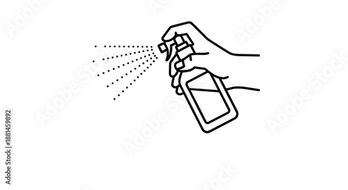 Simple line art drawing of a hand holding a spray bottle and using it to dispense a liquid cleaner or disinfectant.