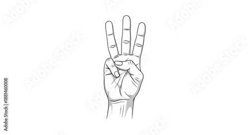 Detailed black and white line drawing of a human hand holding up three fingers against a plain white background.