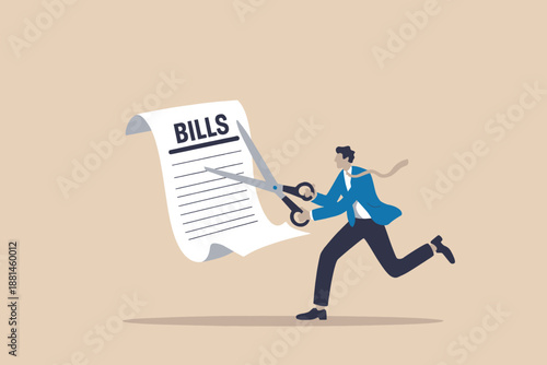 A businessman running with scissors to cut a large paper representing bills, symbolizing cost reduction and debt management