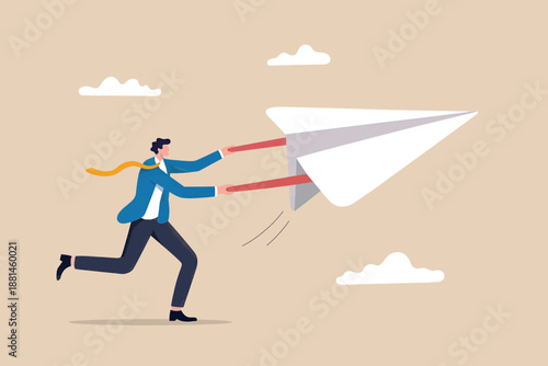 Businessman launching paper airplane for business innovation and forward thinking