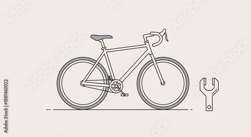 Line drawing of a modern road bicycle with a wrench tool nearby representing bike maintenance and repair services.