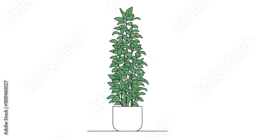 Minimalist line art illustration of a tall lush indoor plant in a simple white ceramic pot for home or office decor.