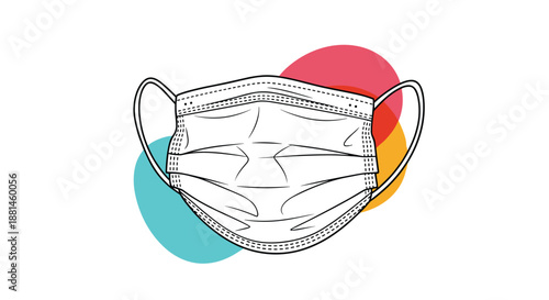 Protective medical face mask illustration features a simple line drawing design accented by colorful red, orange, and blue circular shapes.